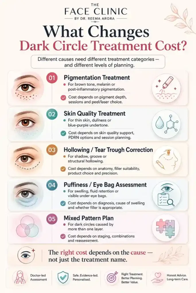 Infographic explaining what changes dark circle treatment cost, including pigmentation treatment, skin quality treatment, tear trough correction, puffiness assessment and mixed-pattern planning.