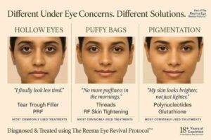 Types of dark circles under eyes showing hollow eyes, puffy bags, and pigmentation with recommended treatments like fillers, RF tightening, and polynucleotides.