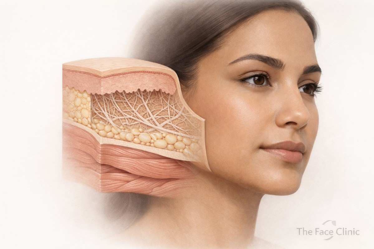 Skin layers illustration showing Botox and dermal fillers structure and facial skin anatomy for aesthetic treatments