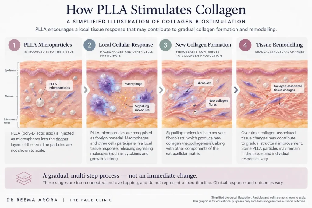 How PLLA stimulates collagen through microparticles, macrophage signalling, fibroblast activity and gradual tissue remodelling.