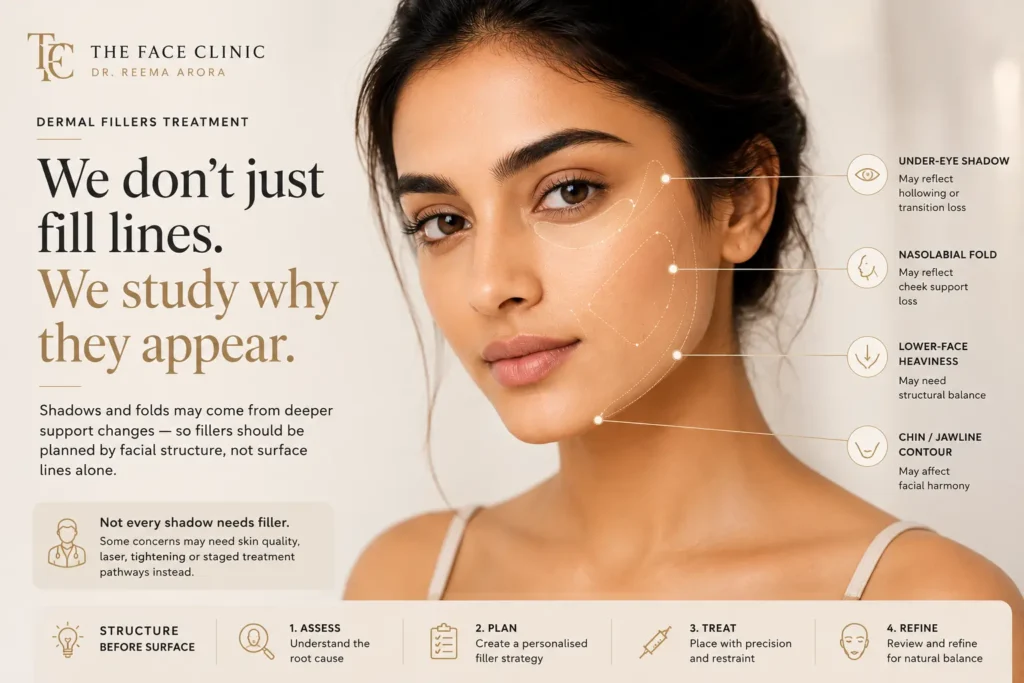 Indian woman with facial structure mapping showing how doctor-led dermal fillers may be planned for under-eye shadow, nasolabial folds, lower-face heaviness and chin jawline contour at The Face Clinic Delhi.