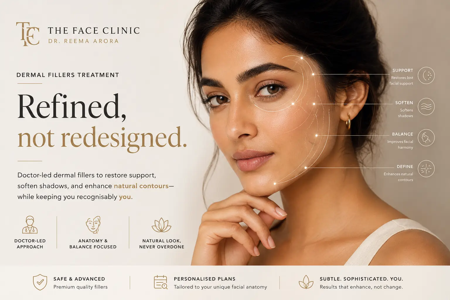 Indian woman with subtle facial mapping lines showing doctor-led dermal fillers treatment for facial support, shadow softening, balance and natural contour refinement at The Face Clinic Delhi.