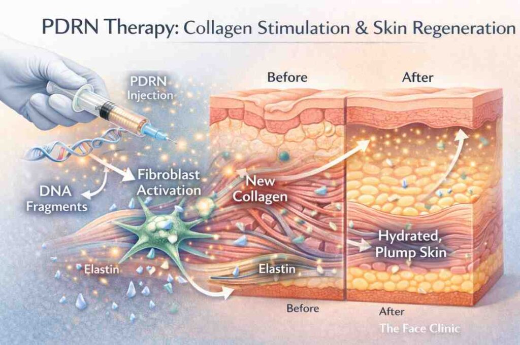 PDRN therapy infographic illustrating collagen stimulation and fibroblast activation for skin regeneration