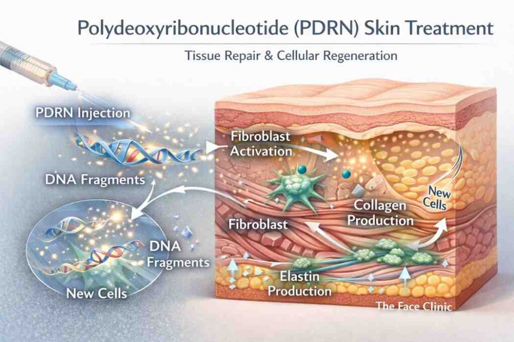 PDRN skin treatment diagram showing polydeoxyribonucleotide mechanism supporting cellular repair and tissue regeneration