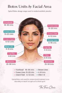 Botox units by facial area chart showing forehead, frown lines, crow’s feet, lip flip, chin and masseter treatment units guide