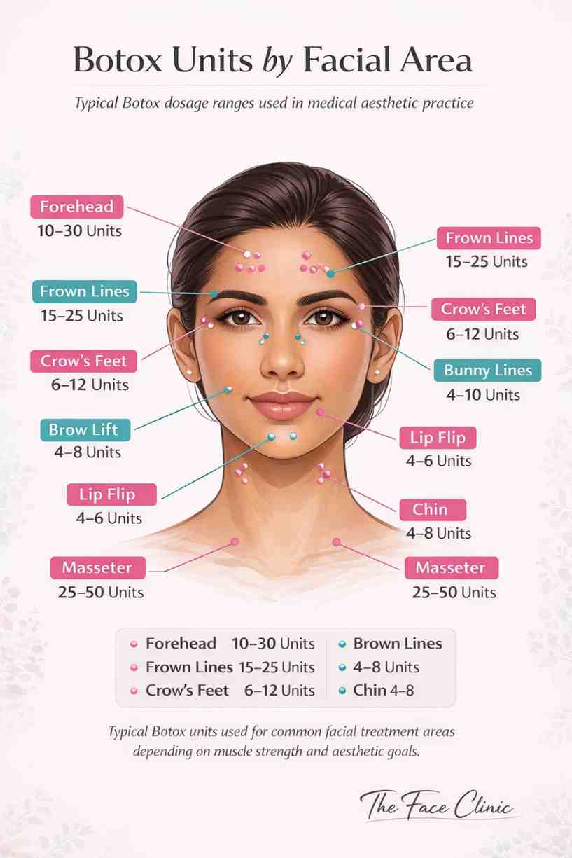 Botox units by facial area chart showing forehead, frown lines, crow’s feet, lip flip, chin and masseter treatment units guide