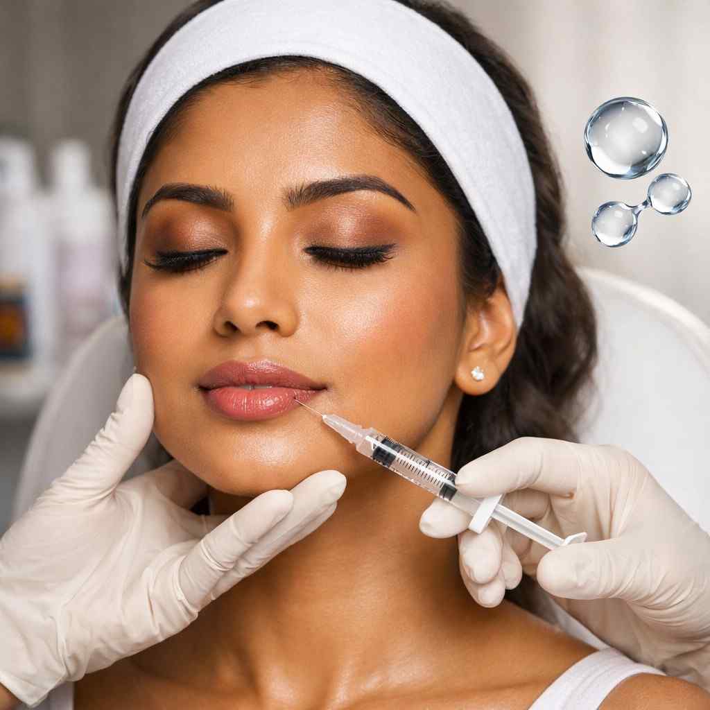 Indian woman receiving dermal fillers treatment for lips in aesthetic clinic with expert injector