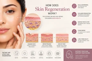 How skin regeneration works showing collagen production, cellular renewal and skin repair