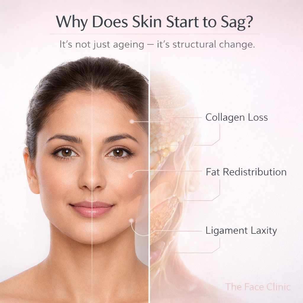 facial ageing explained showing collagen loss fat redistribution and ligament laxity causing sagging skin