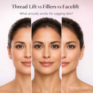Thread lift vs facelift vs fillers comparison showing differences in lift, volume and facial contour for sagging skin treatment