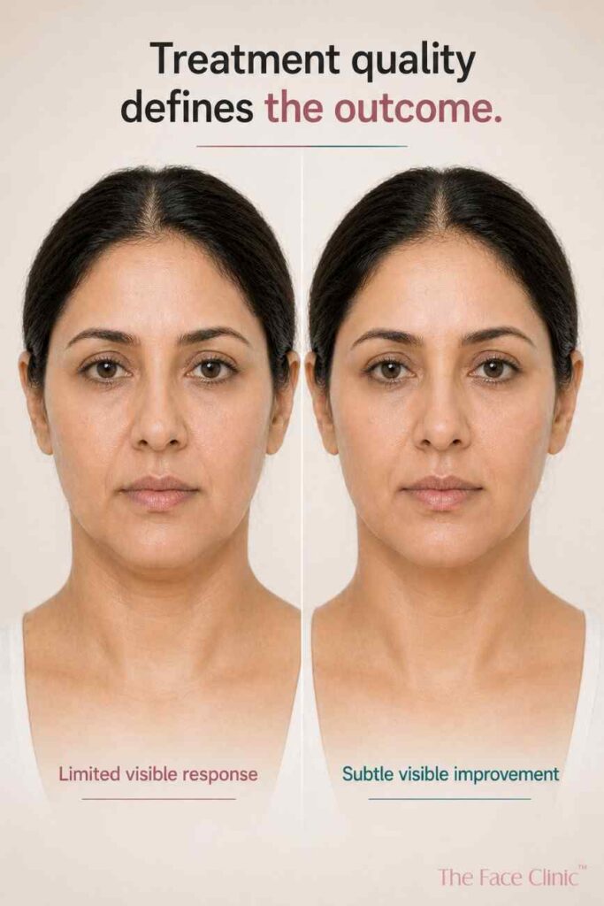 Illustrative HIFU outcome comparison showing limited visible response versus subtle natural improvement in jawline definition and lower face tightening.