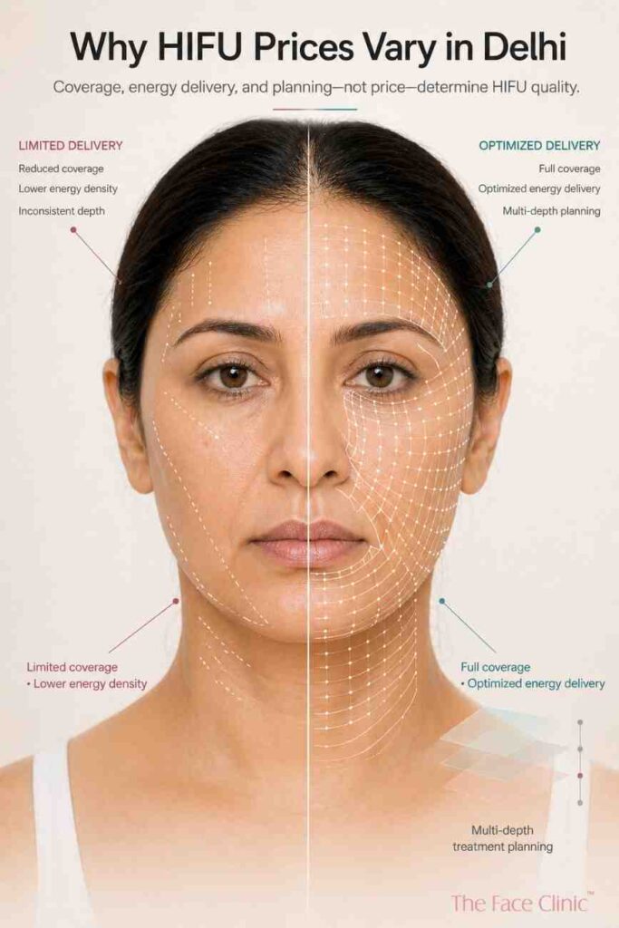 Technical illustration of HIFU treatment showing limited versus full coverage, energy line density, and multi-depth planning for HIFU cost differences in Delhi.