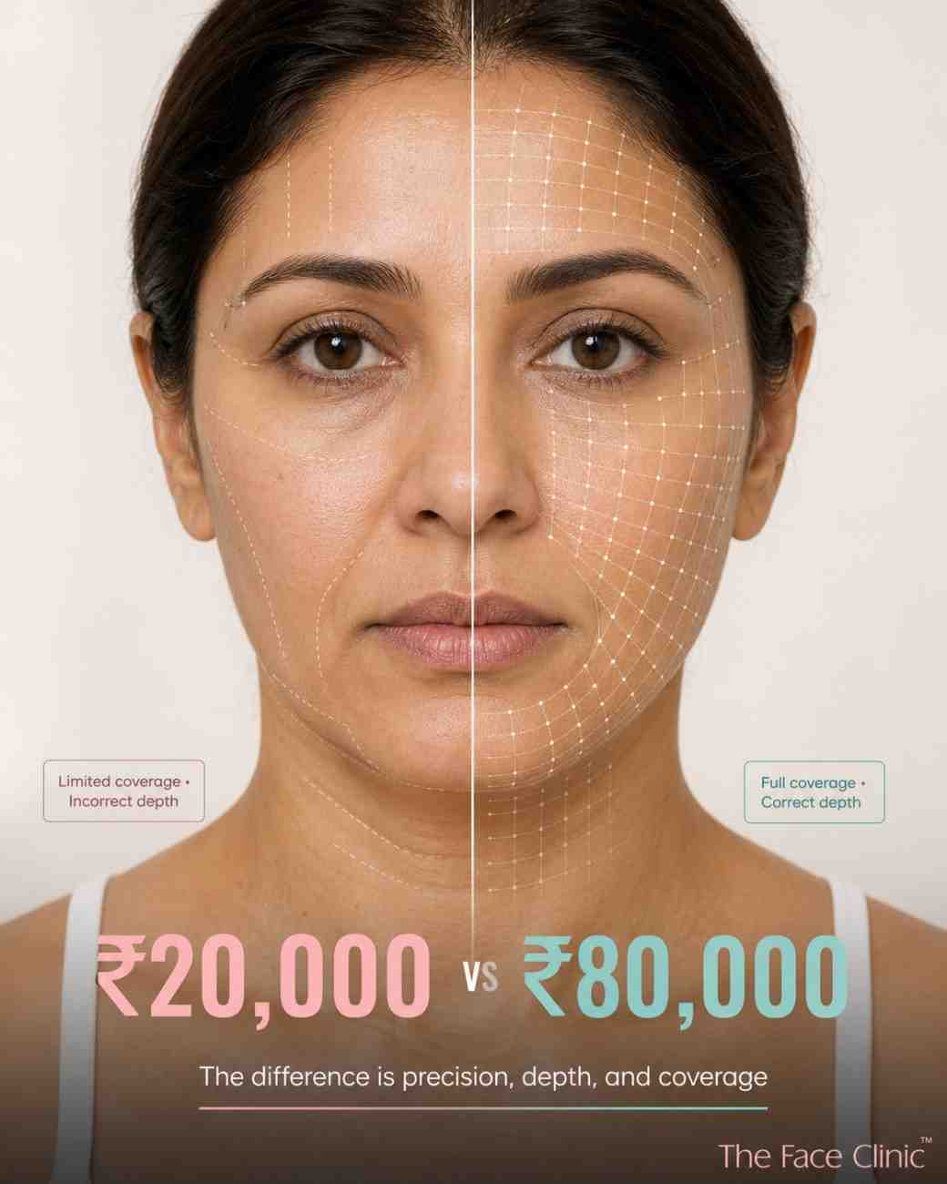 Split face comparison showing aesthetic treatment precision, depth, and coverage differences with pricing ₹20,000 versus ₹80,000 at clinic professional results