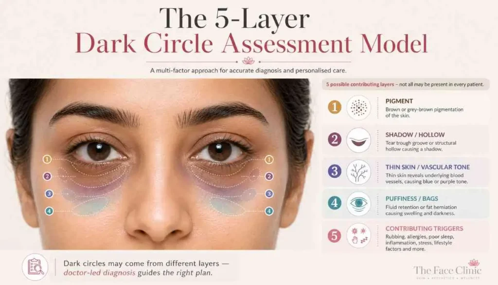 5-layer dark circle assessment model showing pigment, shadow, thin skin, puffiness and contributing triggers around the under-eye area