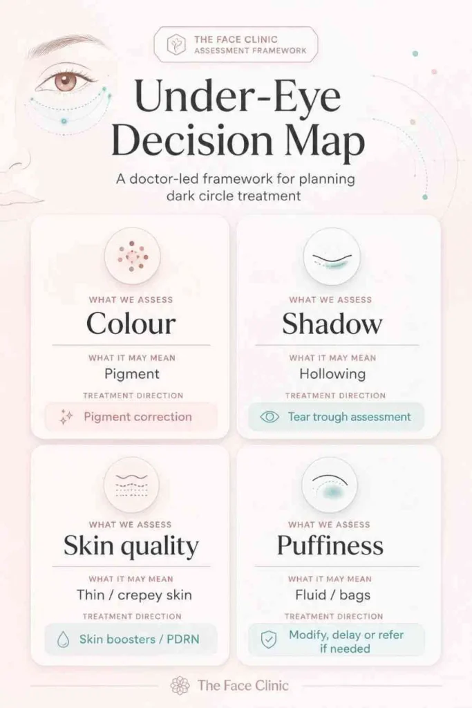 Under-eye decision map showing colour, shadow, skin quality and puffiness assessment pathways for dark circle treatment at The Face Clinic