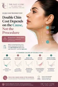 Doctor-led visual explaining why double chin treatment cost depends on the cause, including submental fat, loose skin under the chin, weak chin projection, jawline balance and mixed-pattern double chin.