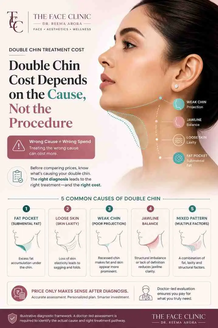 Doctor-led visual explaining why double chin treatment cost depends on the cause, including submental fat, loose skin under the chin, weak chin projection, jawline balance and mixed-pattern double chin.