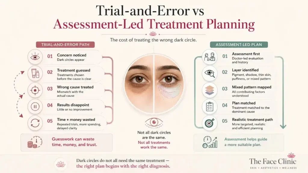Infographic comparing trial-and-error dark circle treatment with assessment-led under-eye treatment planning