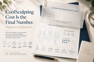 Doctor-led illustration showing how a personalised CoolSculpting treatment quote is based on assessment, treatment area, cycles, skin quality, suitability and treatment planning rather than a single fixed price.