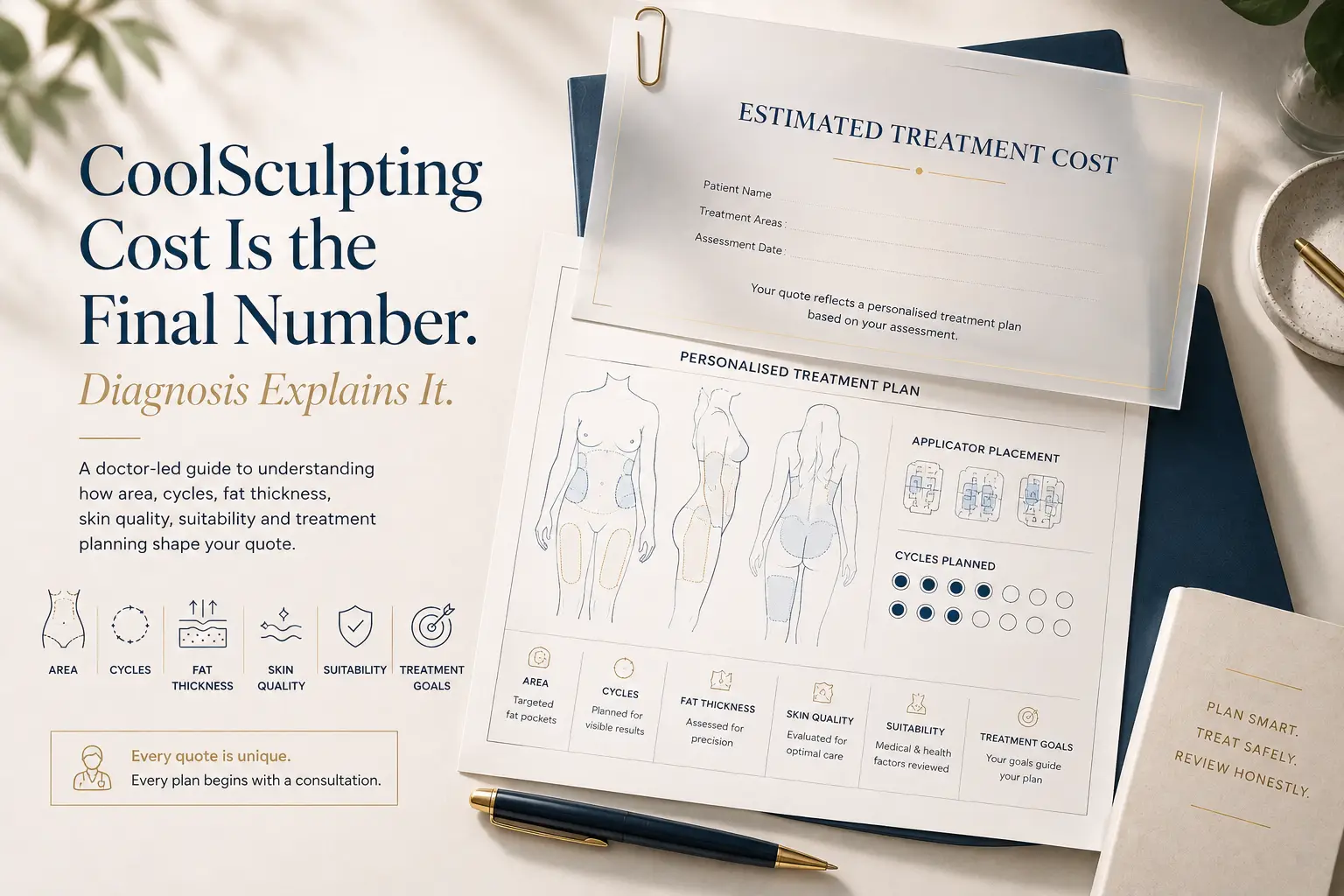 Doctor-led illustration showing how a personalised CoolSculpting treatment quote is based on assessment, treatment area, cycles, skin quality, suitability and treatment planning rather than a single fixed price.