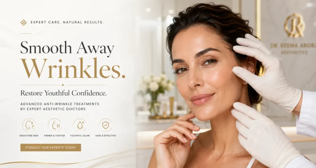 Woman with smooth youthful skin receiving anti wrinkle treatment consultation at Dr. Reema Arora Aesthetics clinic in Delhi.