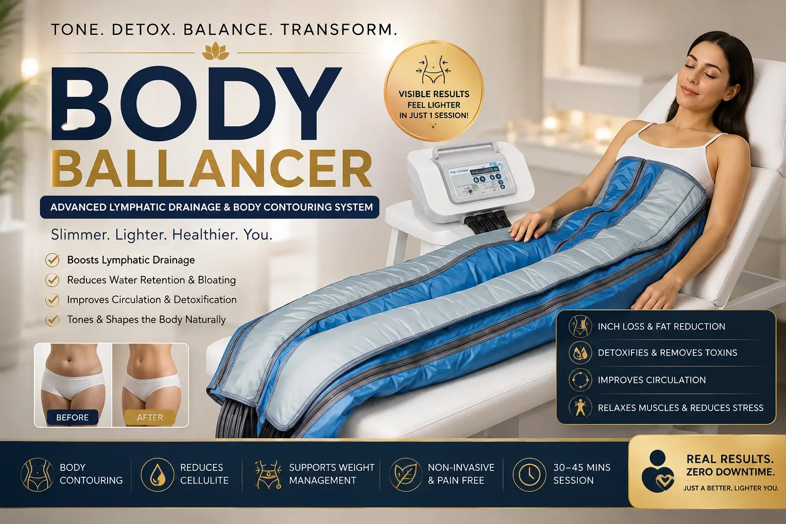Body Ballancer lymphatic drainage and body contouring treatment with compression suit and machine