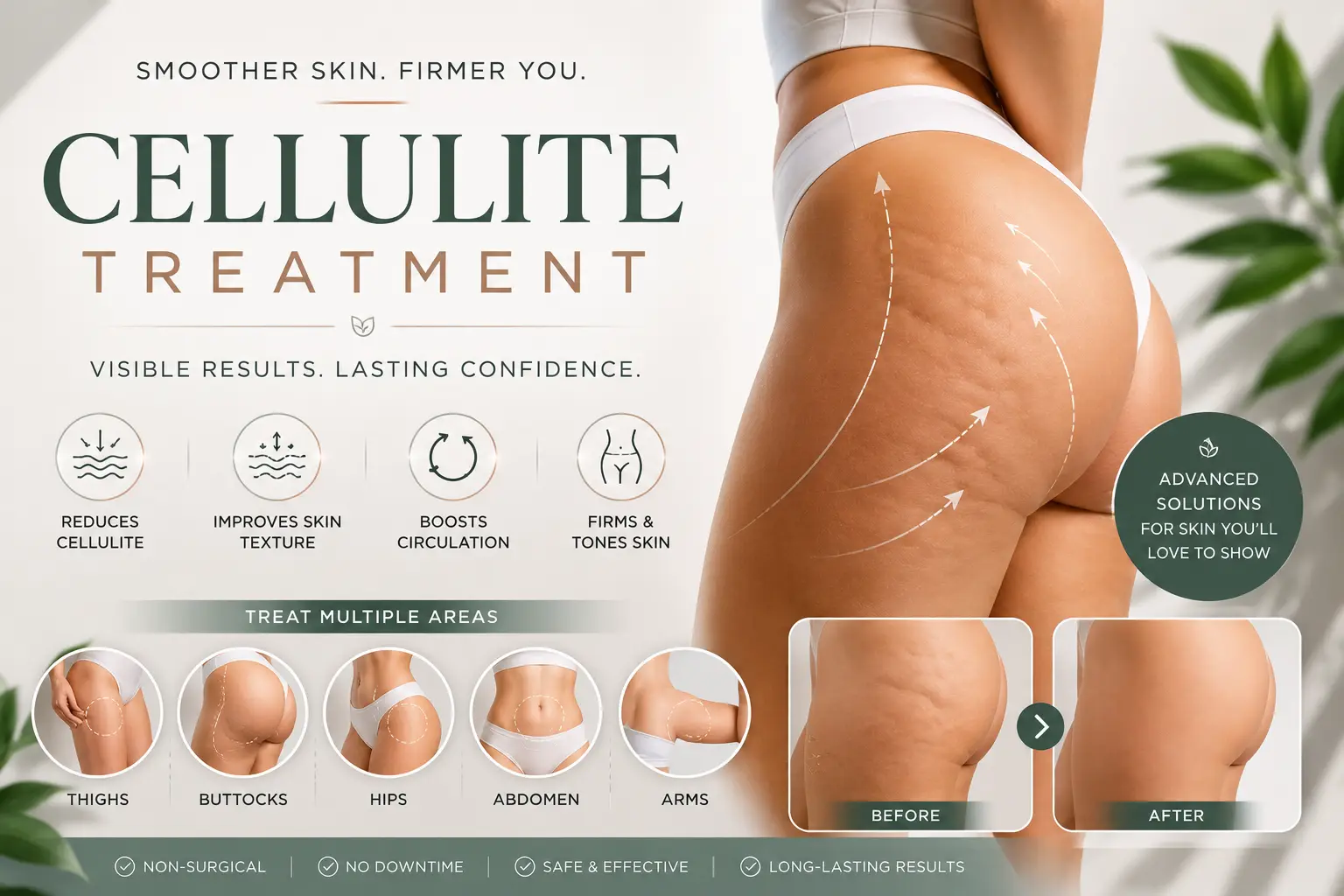 Advanced cellulite treatment showing before and after results on thighs and buttocks with smoother skin texture, firmer contours, and non-surgical body contouring benefits.