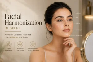 Woman with facial mapping analysis demonstrating facial harmonization, balanced facial proportions, jawline, chin, cheek, and profile assessment for natural-looking aesthetic enhancement.