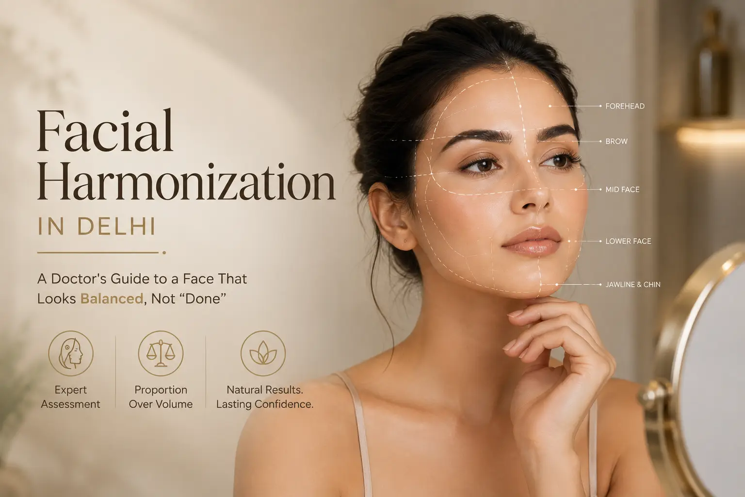 Woman with facial mapping analysis demonstrating facial harmonization, balanced facial proportions, jawline, chin, cheek, and profile assessment for natural-looking aesthetic enhancement.
