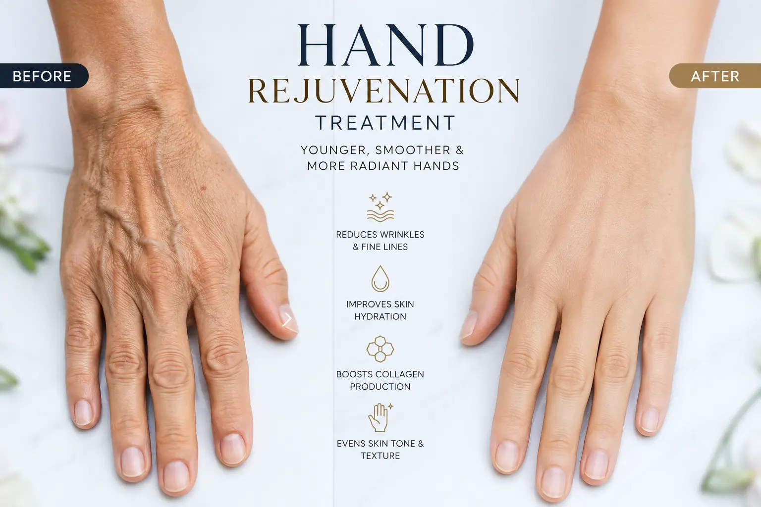Hand rejuvenation treatment before and after showing smoother, younger-looking hands