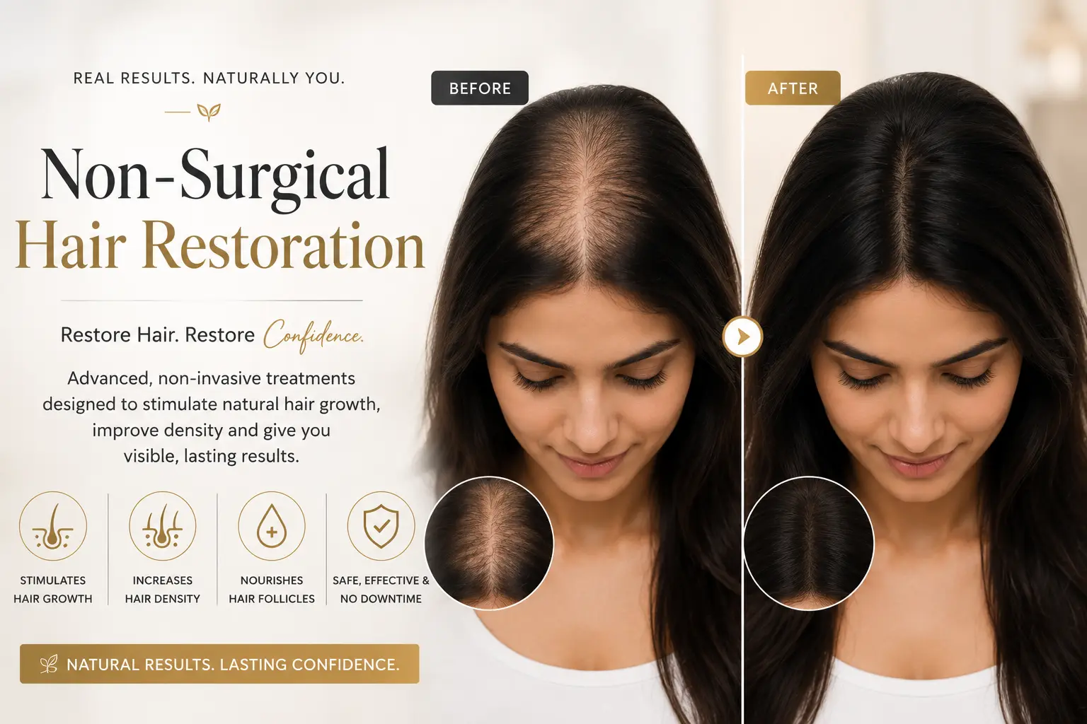 Non-Surgical Hair Restoration Before and After Results Showing Improved Hair Density and Natural Hair Growth