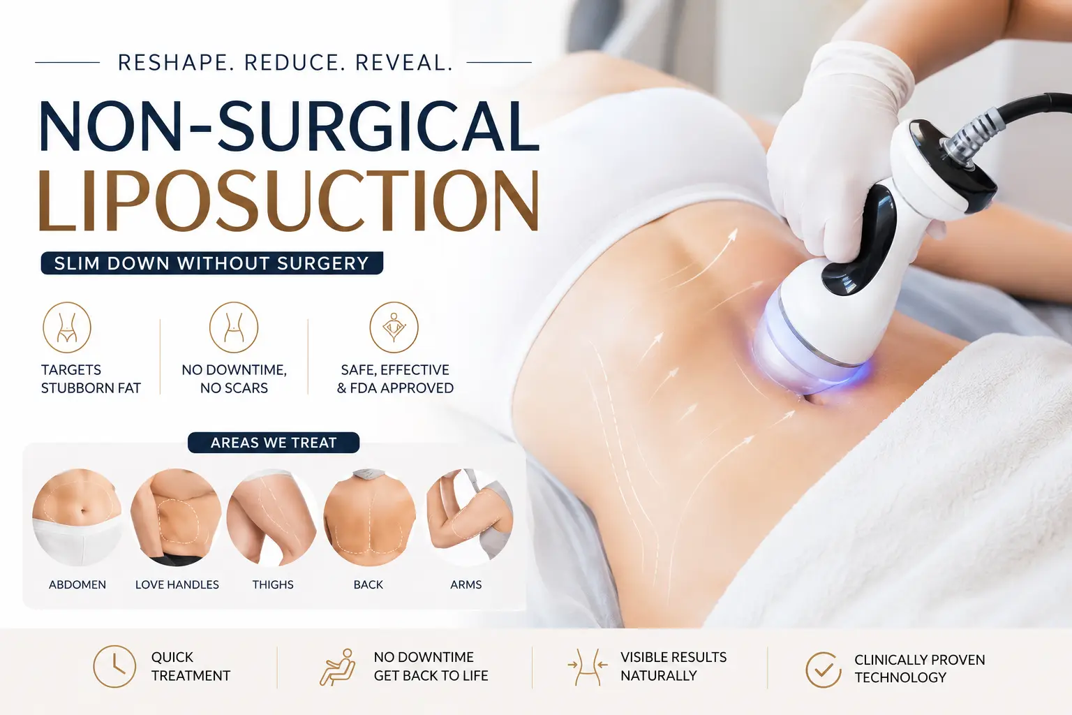 Non-surgical liposuction treatment showing advanced body contouring procedure on the abdomen for targeted fat reduction without surgery or downtime.