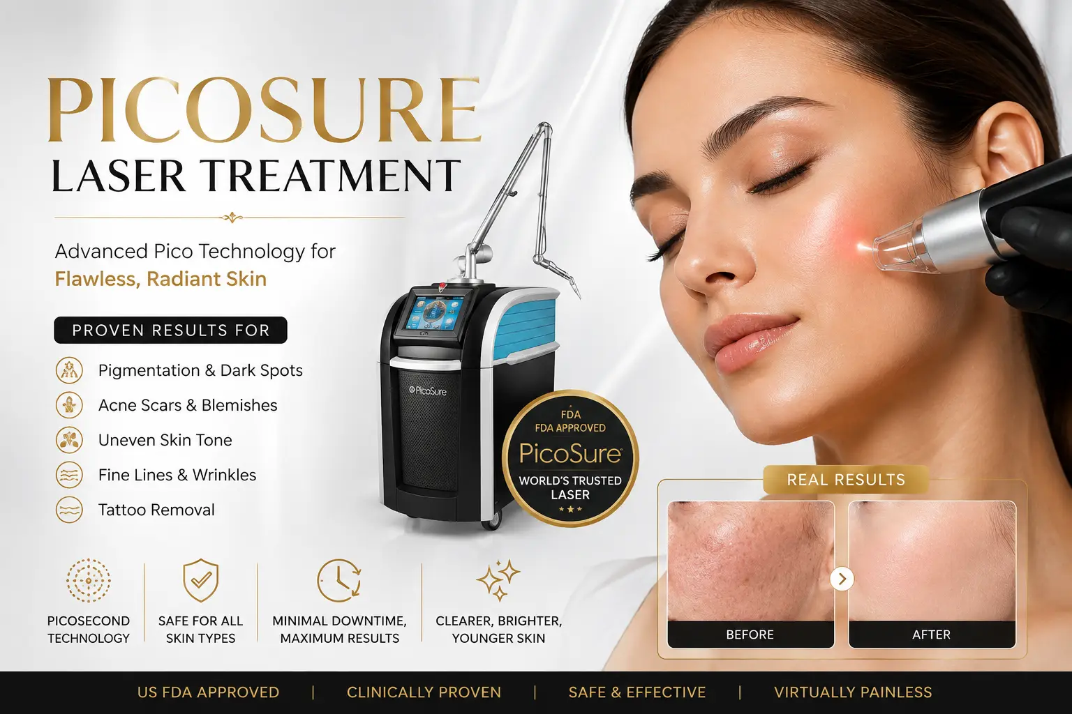 PicoSure laser treatment for pigmentation, acne scars, skin rejuvenation, tattoo removal, and radiant complexion with advanced picosecond laser technology.
