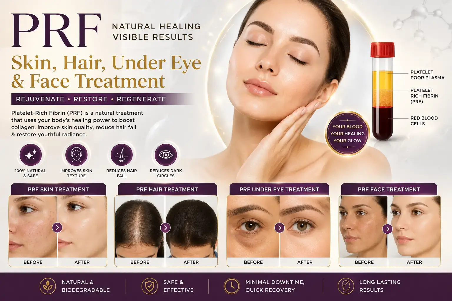 PRF skin, hair, under eye and face treatment for natural skin rejuvenation and hair restoration